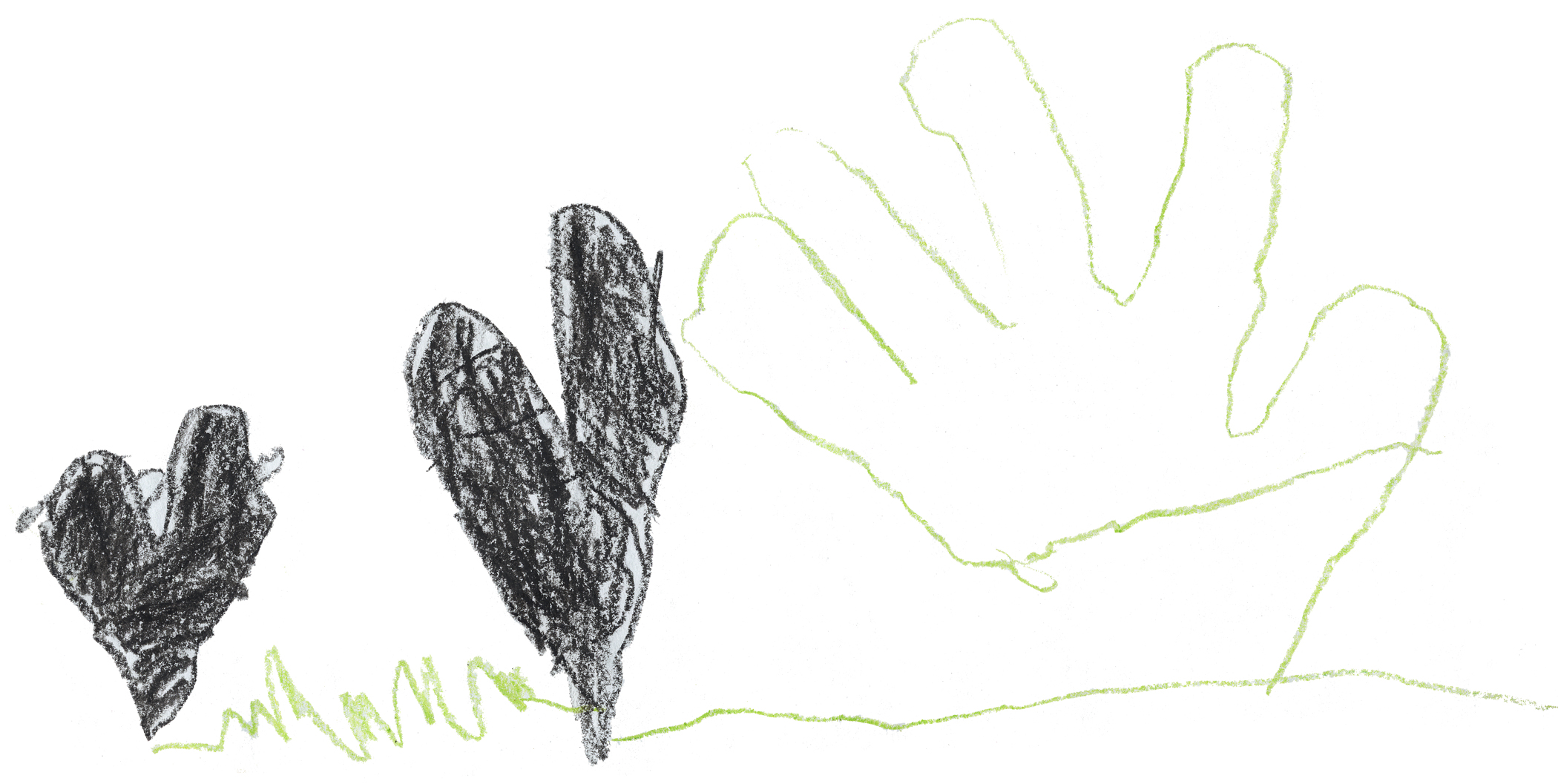 A drawing by a pre-k student of two hearts and a hand